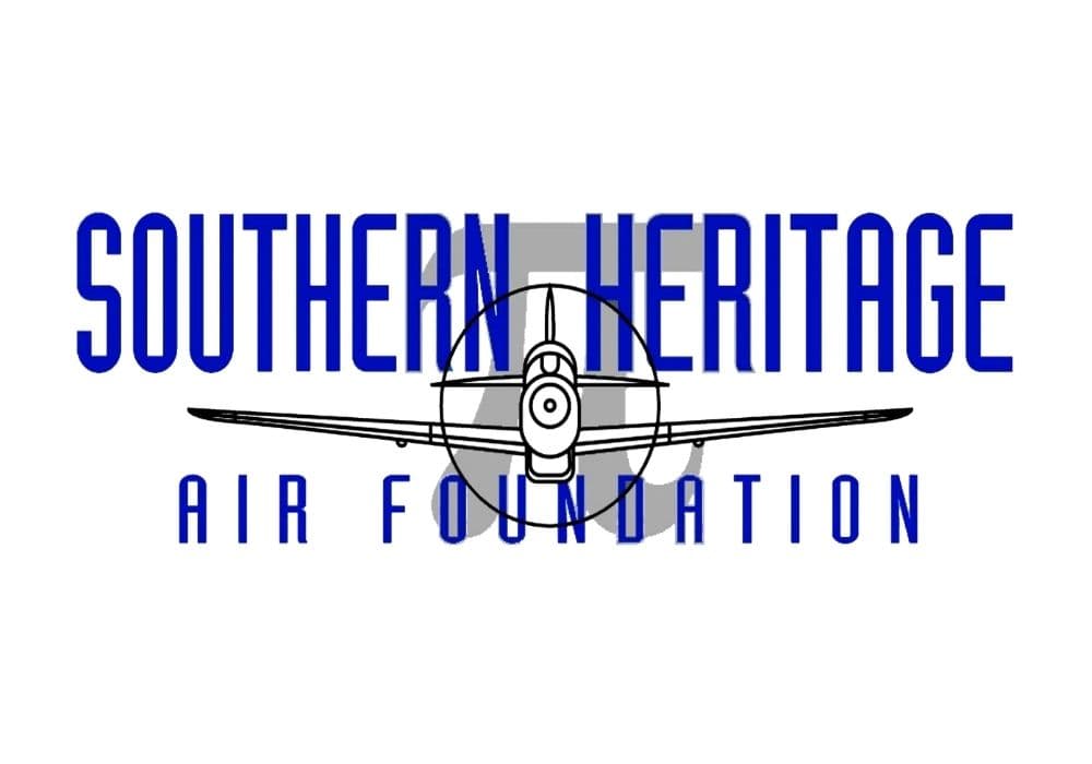 Logo of the Southern Heritage Air Foundation featuring an aircraft illustration and bold blue text.